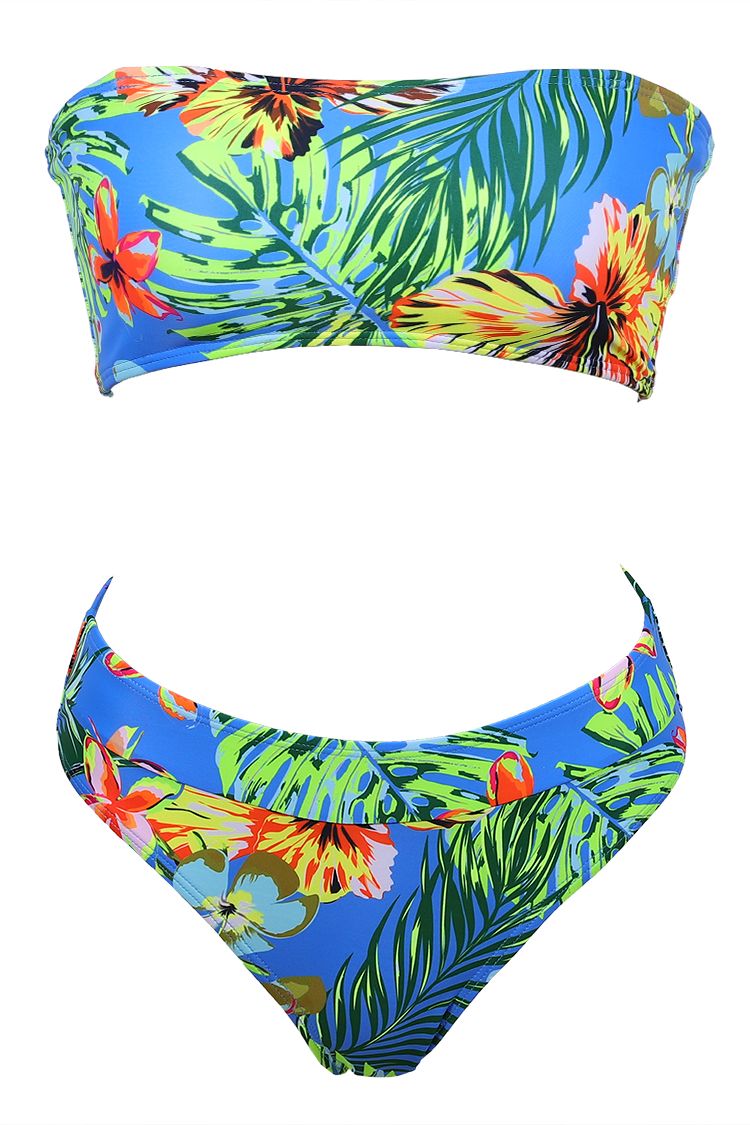 Kamoni Blue Tropical Print Strapless Bandeau High Waist Cheeky Bikini ...